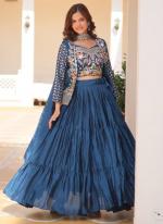 Pure Chinnon Rama Party Wear Embroidery Work Readymade Lehenga Choli With Koti